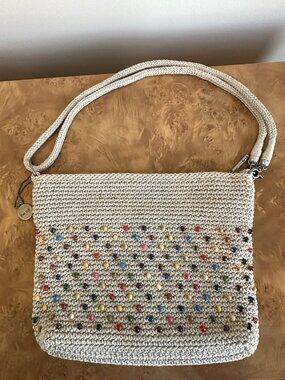 The Sak Beige Crochet Beaded Crossbody Bag Boho Festival Shoulder Bag